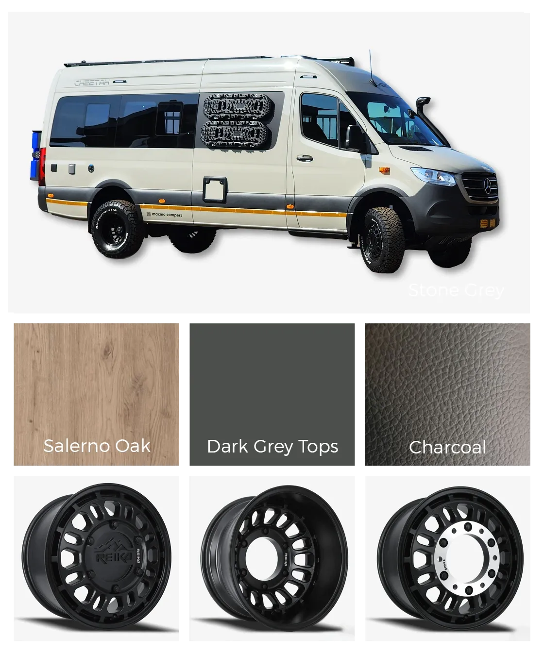 Mercedes Cheetah 7XL 4x4 Overlander with slide-out front lounge, island bed, walk-in RV bathroom & rear garage (Stone Grey, Salerno Oak, Black Alu Super Singles on 285/70/17 K03)