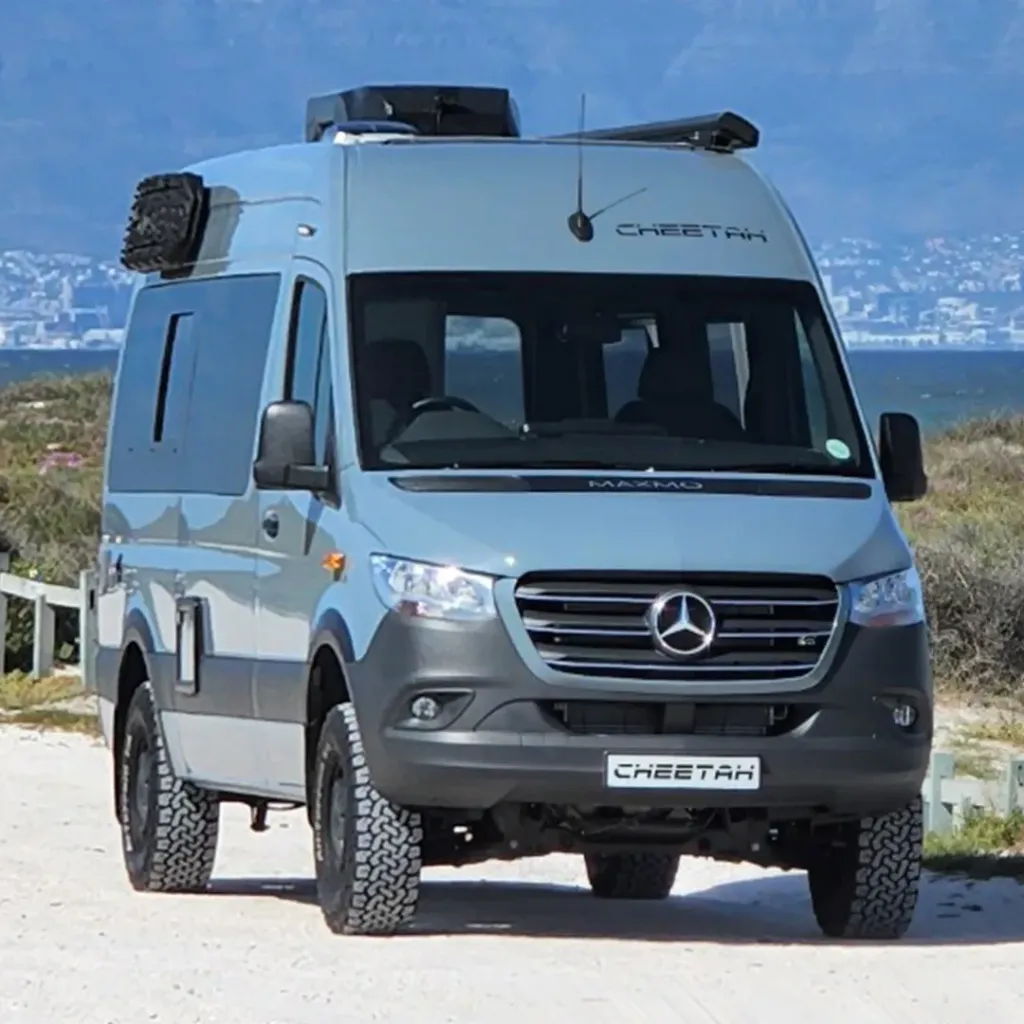 Mercedes Cheetah 6X 4x4 Compact Camper with rear lounge, queen bed, shower/toilet combo & storage drawers (Stone Grey, Salerno Oak, 16" Black Steel Rims w BFG K03 265/5/16)