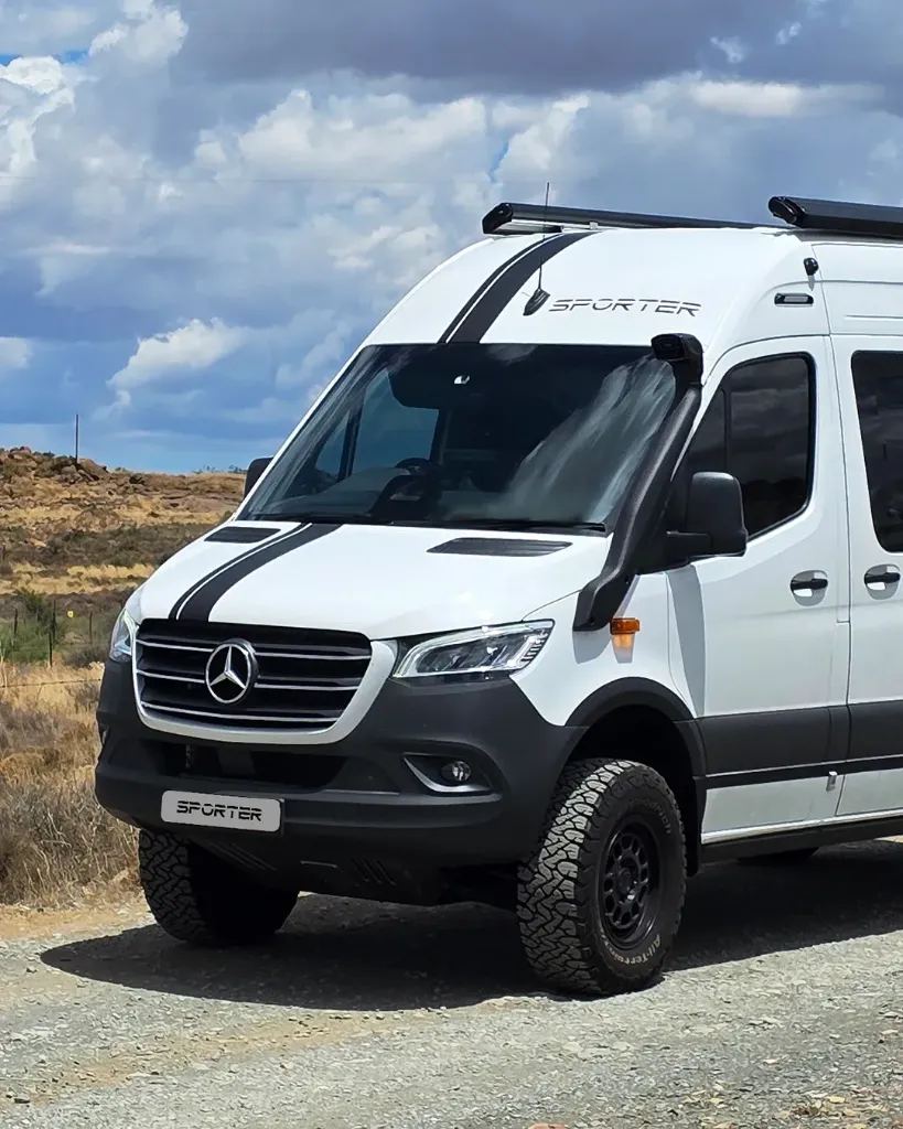 Mercedes Sporter 4x4 Lifestyle Camper with N-S queen bed, shower/toilet combo & 1.9m bicycle storage drawer (Stone Grey, Salerno Oak, 16" Black Steel Rims w BFG K03 265/5/16)